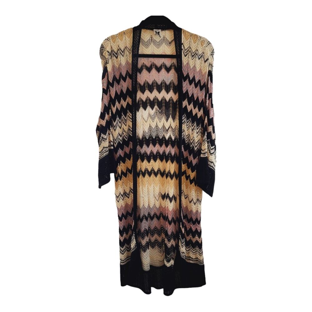 Missoni Long Open-Knit Cardigan in Black, Cream, Pink and Gold Chevron